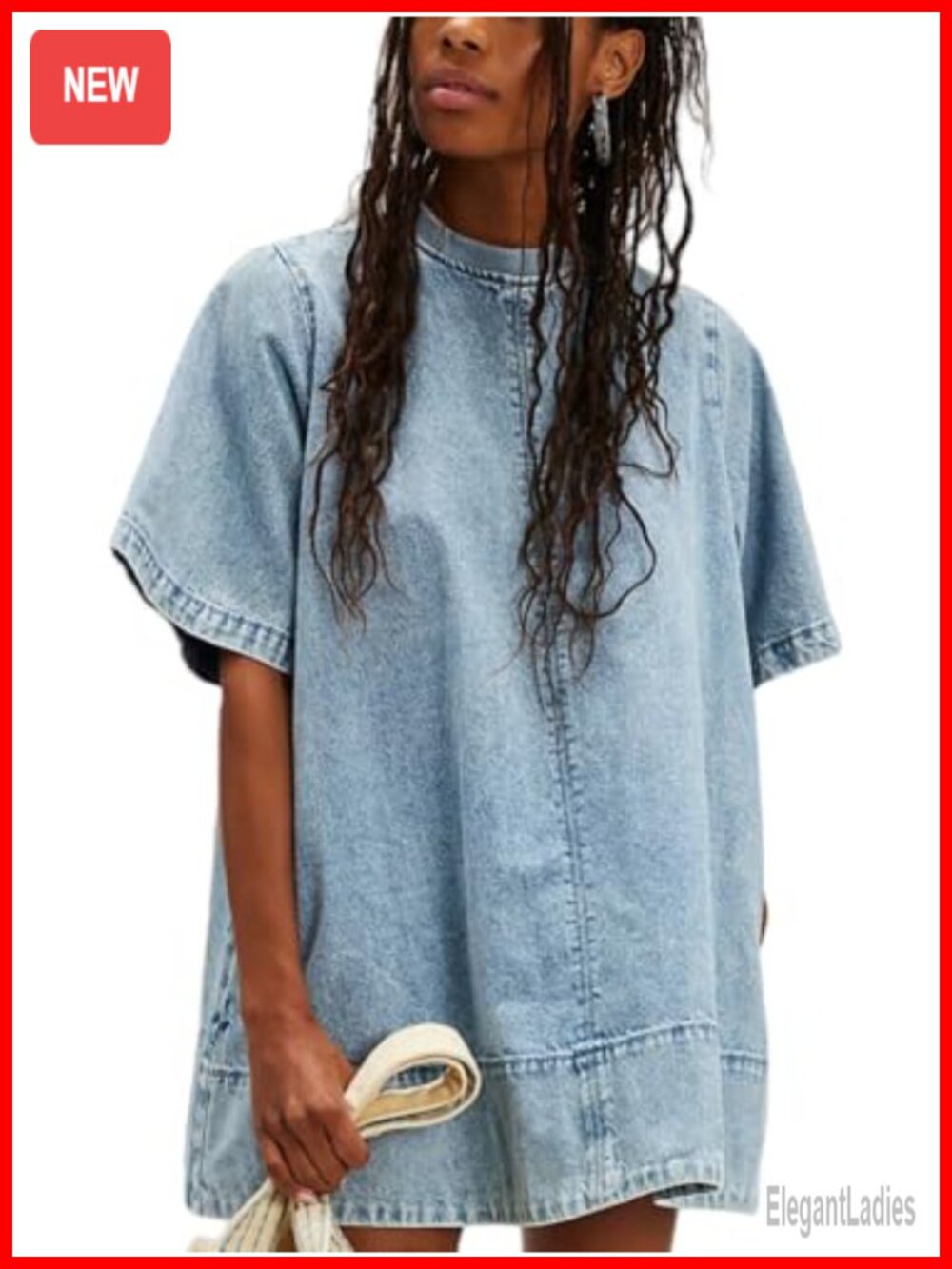 Womens Short Sleeve Mini Denim Dress Crew Neck A-Line Cotton Casual